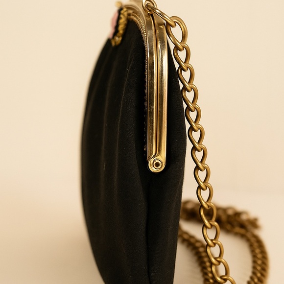 Vintage 1960’s black handbag with pink Cameo Mid century Mod retro purse